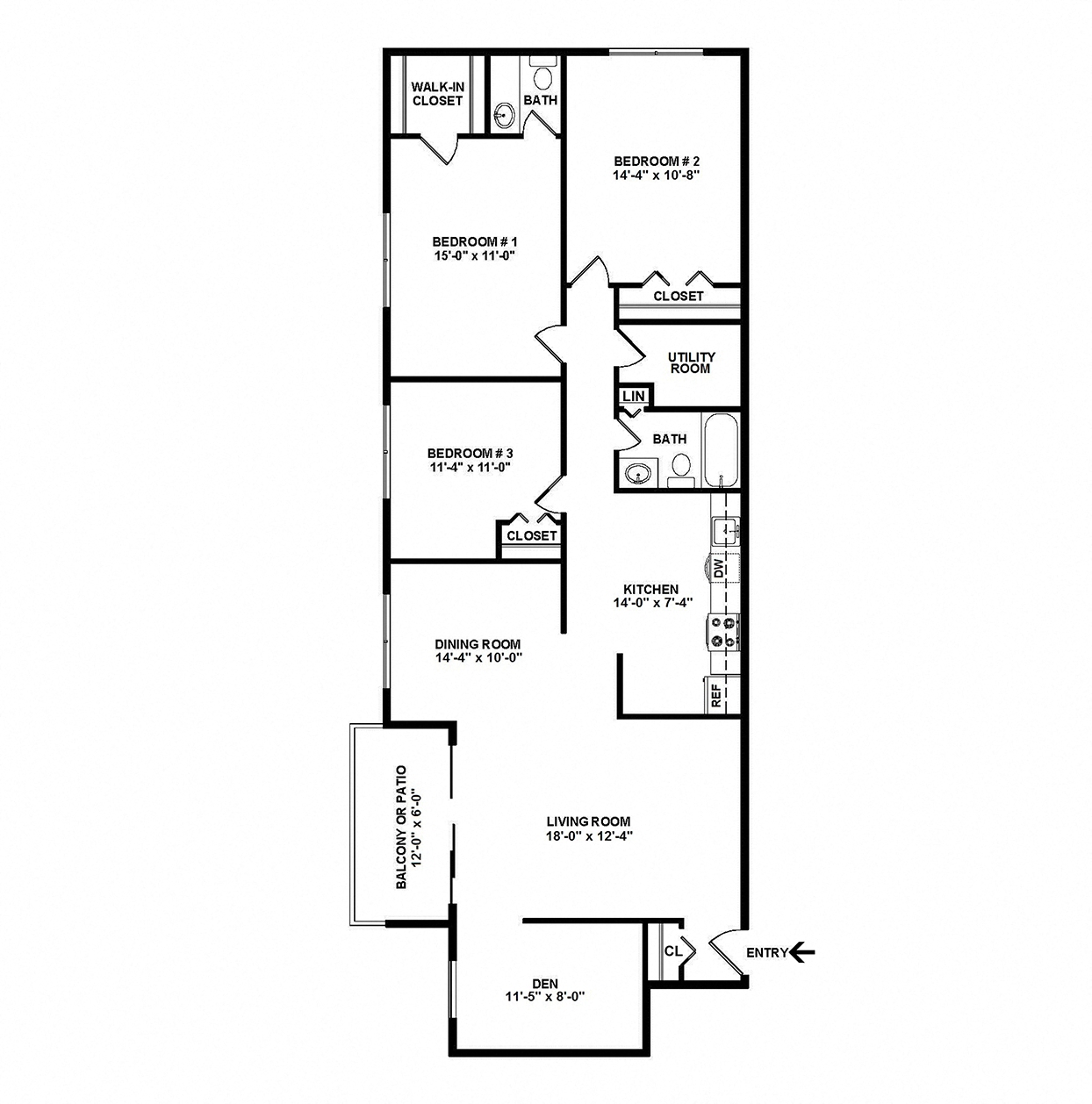 Floor plan for 3 beds, 1.5 baths, 1269 sqft